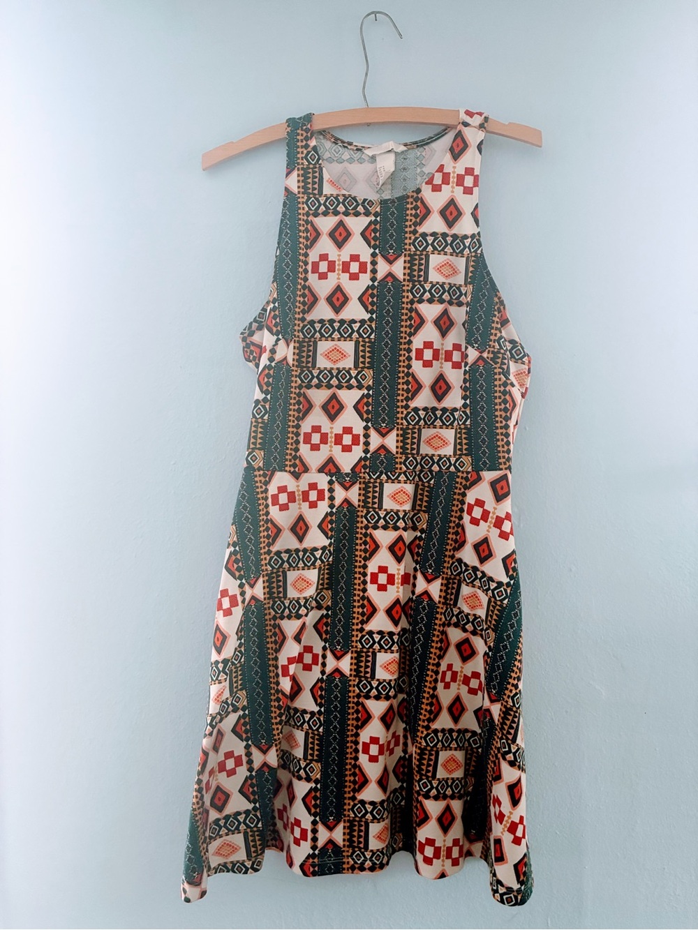 H&M Printed Sleeveless BodyCon Geo-Pattern Dress in Teal Red Gold Black Cream
